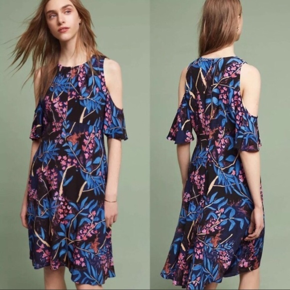 Anthropologie Maeve Women’s Elia Cold Shoulder Floral Dress Key Hole Neck Size 4